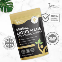 Multivita Lion's Mane Mushroom Extract 4000mg - 120 High Strength Vegan Capsules, 2 Months Supply - Brain and Focus Supplement for Better Cognitive Health - (Not Powder or Tablets) UK Made GMO Free
