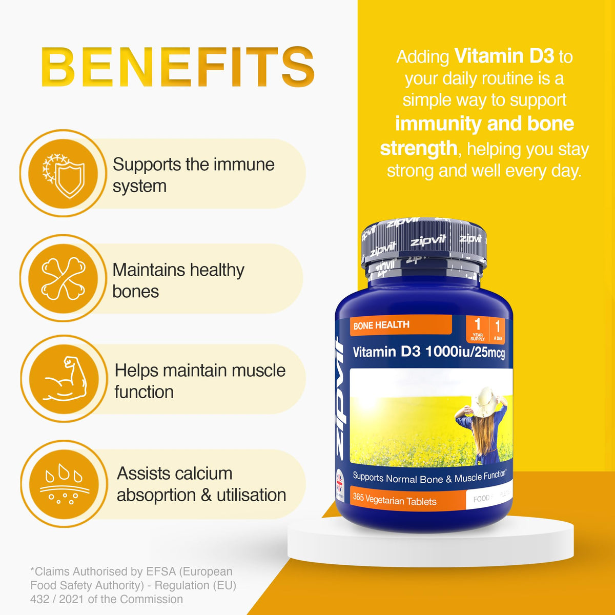 Zipvit Vitamin D 1000IU, 1 Year Supply, 365 Vegetarian D3 Tablets, High Absorption, Easy-to-Swallow Vitamin D Tablets for Immune, Bone & Muscle Health