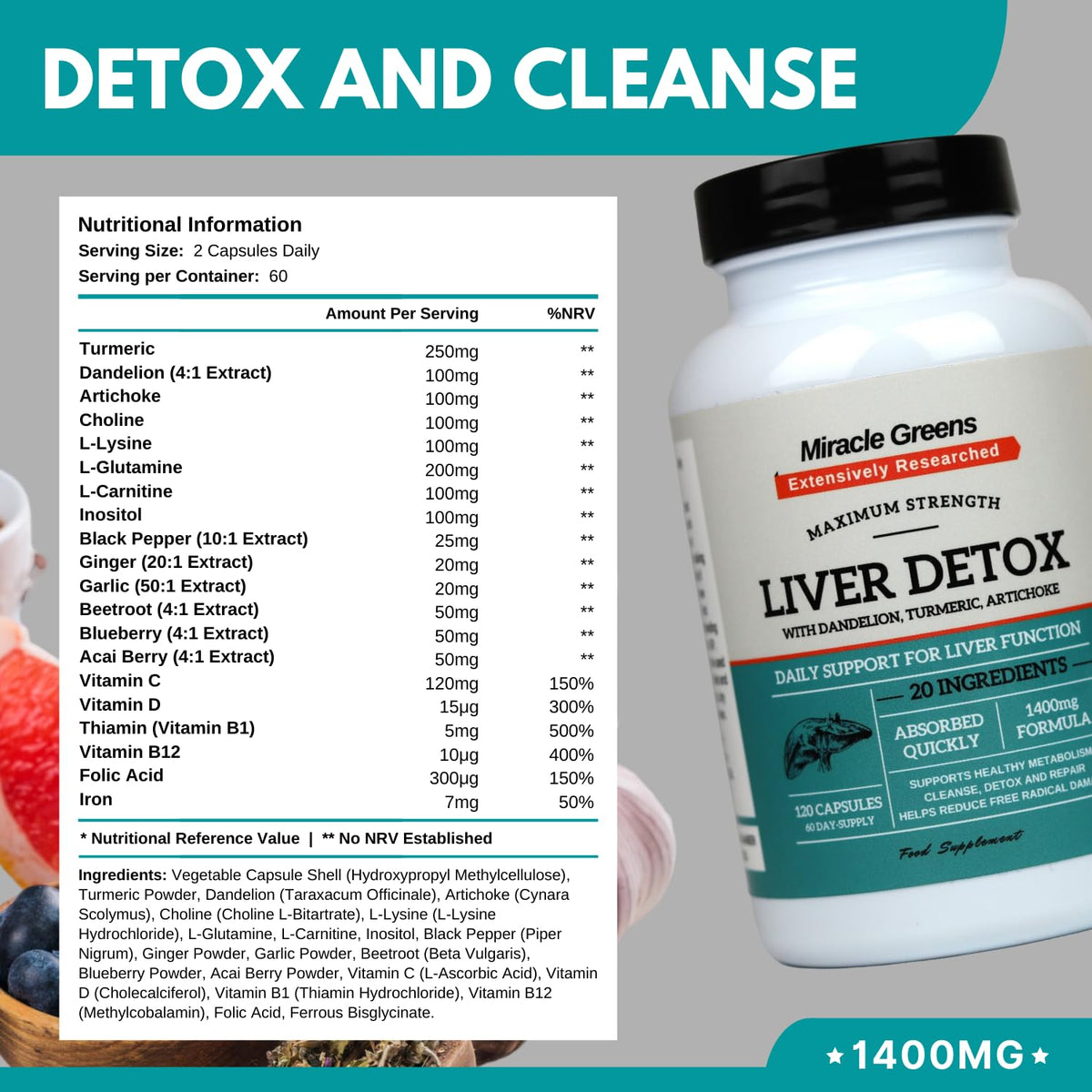 Macro Greens Liver Detox and Repair – 1400mg Complex | High Strength with 20 Effective Ingredients | Boosted with Dandelion, Turmeric, Amino Acids, Vitamins and More | 120 Capsules - 60 Day Supply