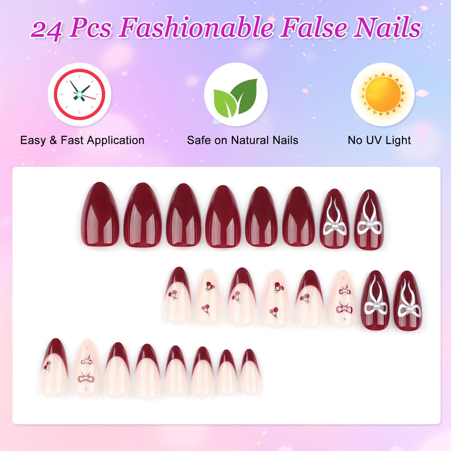 Ceboic 24Pcs French Tip False Nails Almond, Medium Glossy Fake Nails Cherry Red Press on Nails with Bow Design, Removable Full Cover Acrylic Stick on Nail for Women Girls Nail Art Accessories