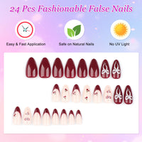 Ceboic 24Pcs French Tip False Nails Almond, Medium Glossy Fake Nails Cherry Red Press on Nails with Bow Design, Removable Full Cover Acrylic Stick on Nail for Women Girls Nail Art Accessories