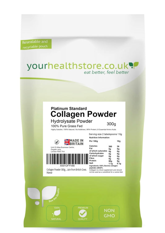 yourhealthstore Collagen Powder 300g, 100% Pure Unflavoured, Grass Fed, Platinum Standard, Bovine, Made in Britain from British Cows.