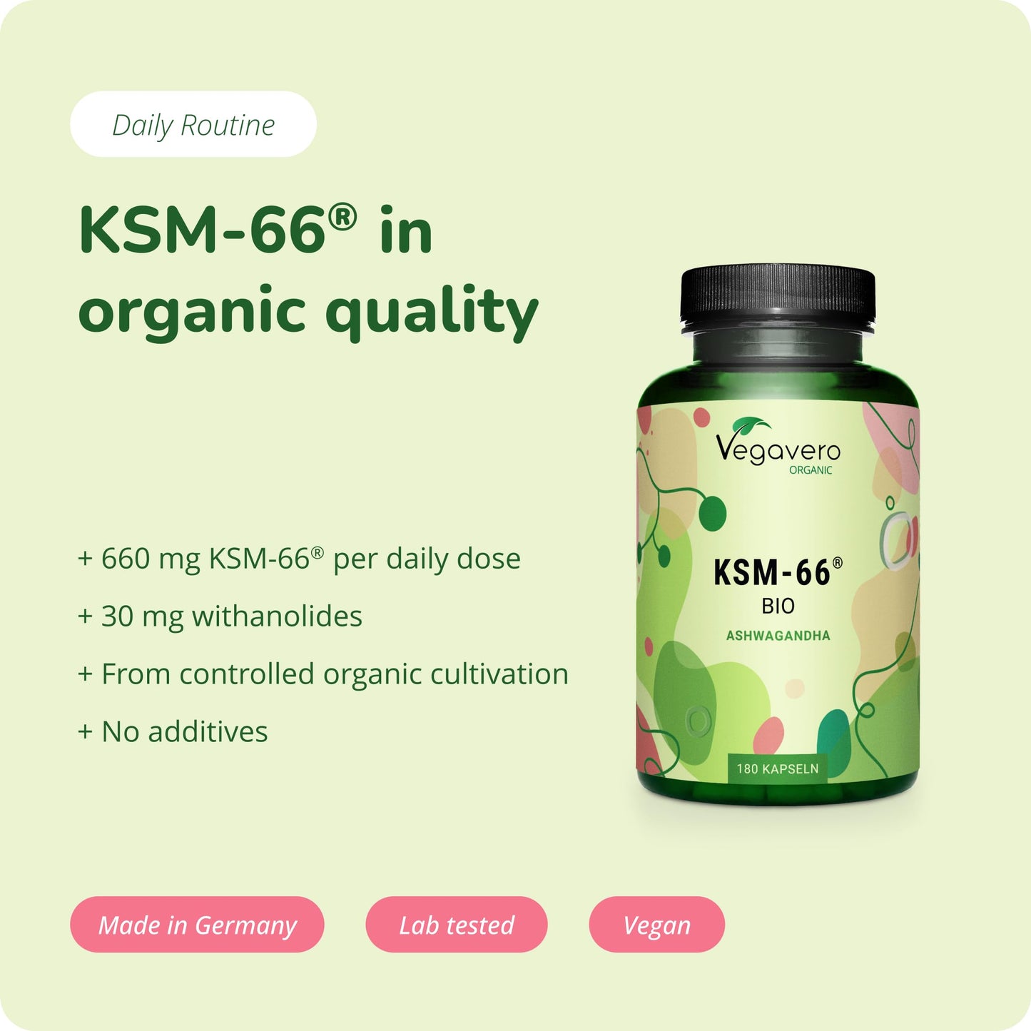 Vegavero Organic Ashwagandha KSM 66 | 600 mg Root Extract Daily | 180 Capsules | 5% Withanolides | Lab-Tested | NO Additives | Vegan