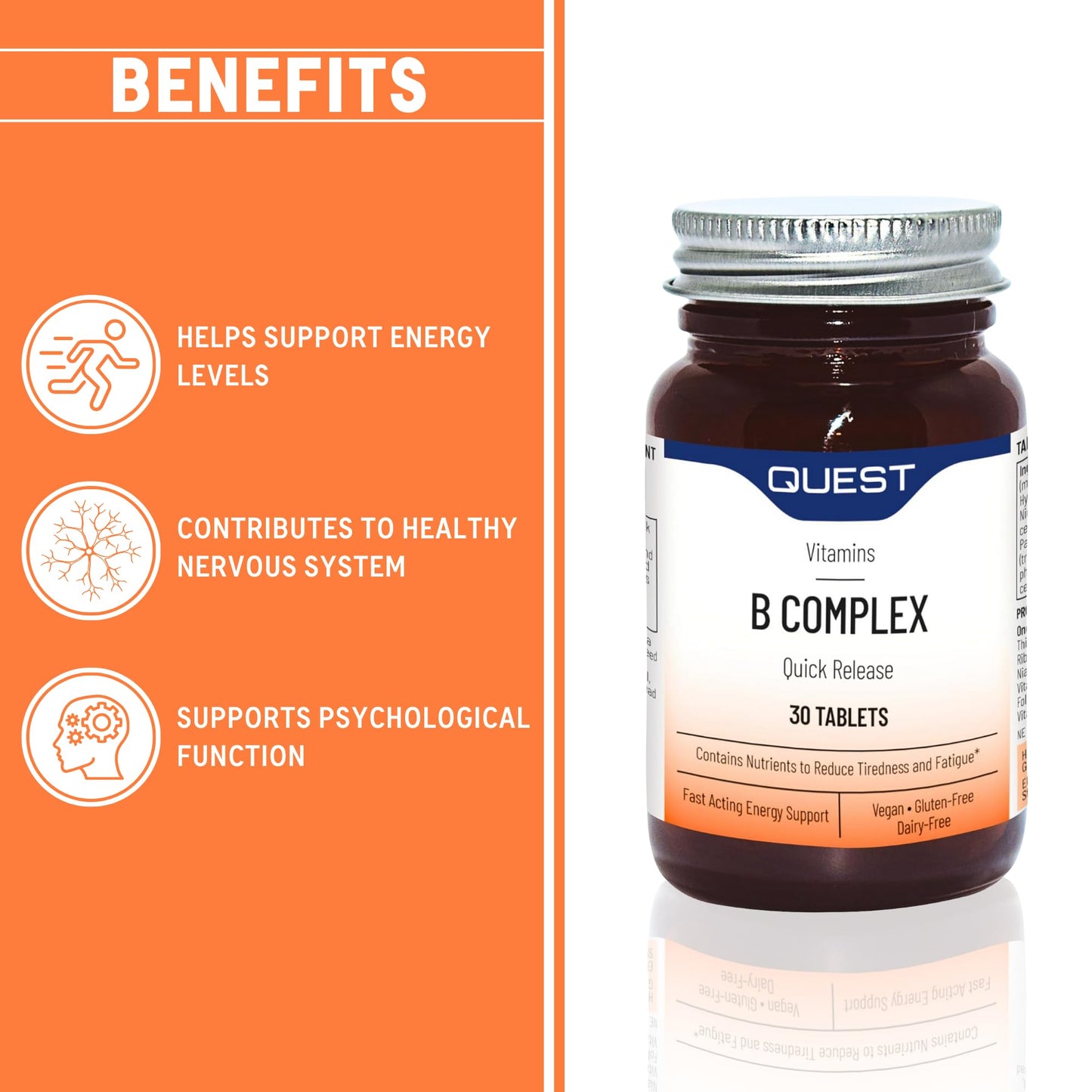 Quest Vitamin B Complex (30 Tablets) - Quick Release Formula to Reduce Tiredness & Fatigue. Full Spectrum of B Vitamins: Thiamin B1, Riboflavin B2, Niacin B3, Vitamin B6 & Vitamin B12.