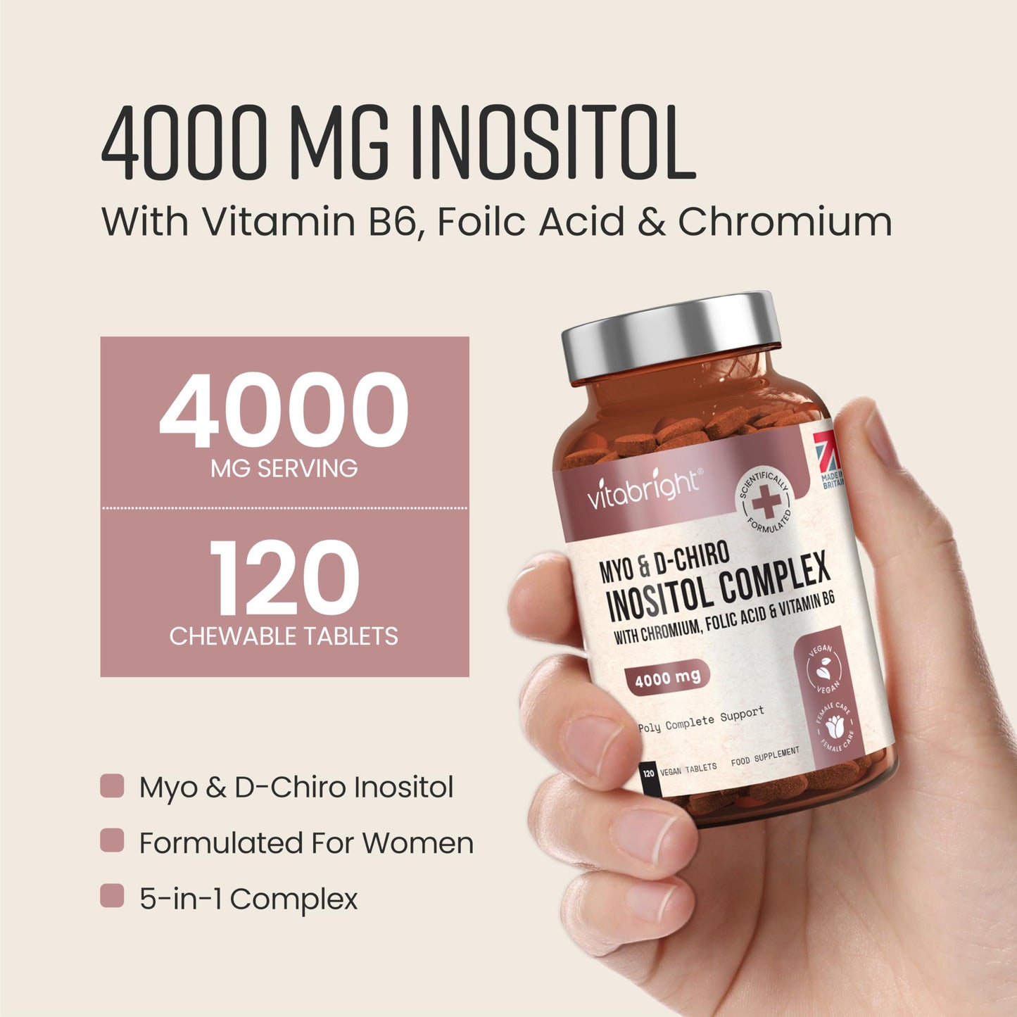 VitaBright Myo-Inositol D-Chiro-Inositol Tablets | 4000mg A Day | 120 Chewable Tablets | Contribute to Hormone Balance for Women | D Chiro & Myoinositol (Vitamin B8) with Chromium, B6 & Folic Acid