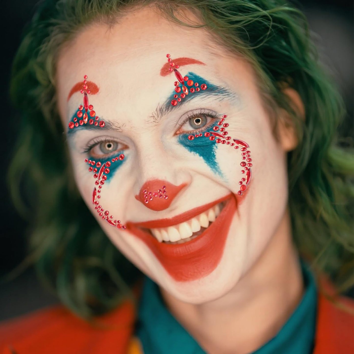HOWAF 2 PCS Halloween Face Stickers Jewels, Clown Face Tattoos Rhinestone Temporary Tattoos for Clown Costume Halloween Costumes Men Women Kids, A