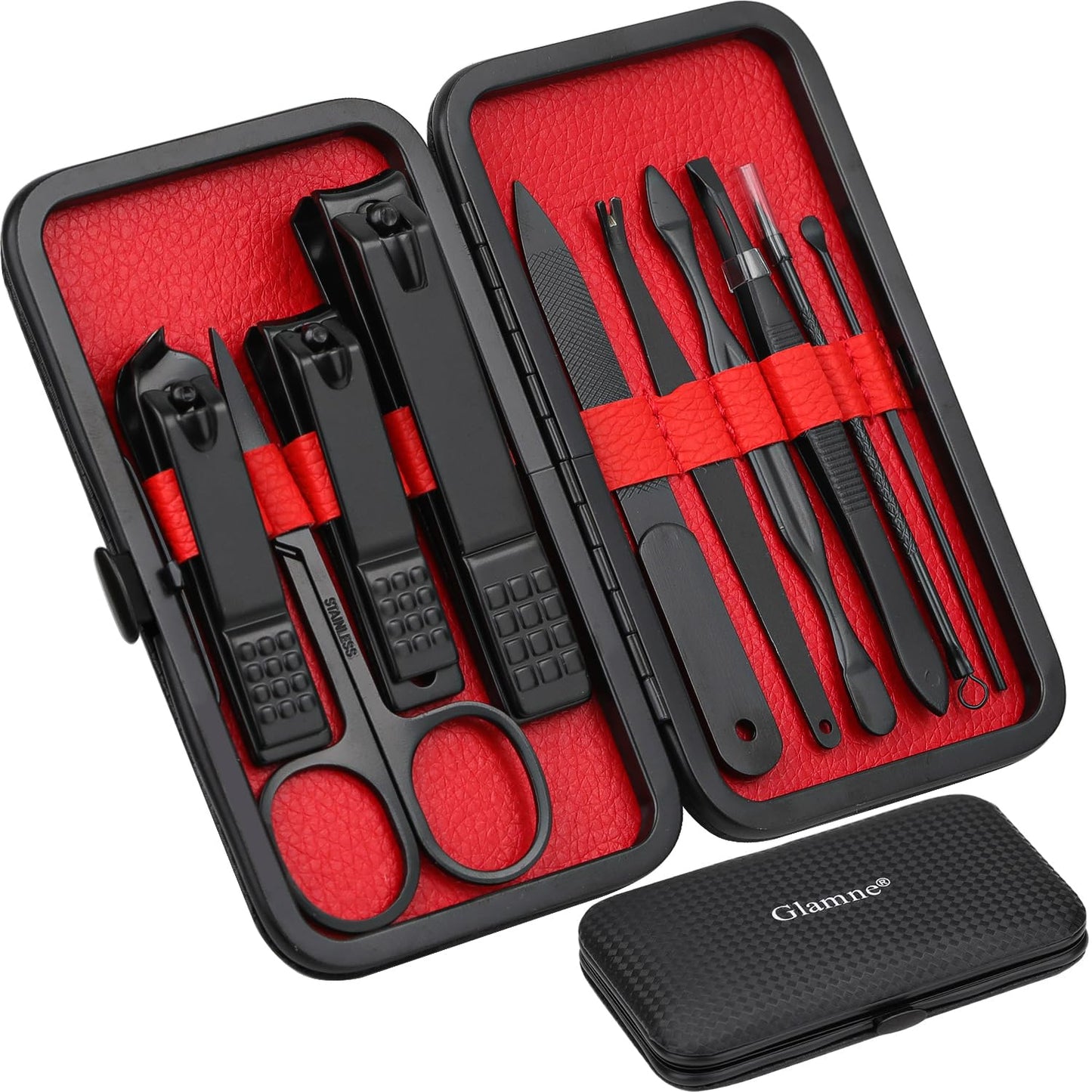 GLAMNE Glamne Manicure Set Nail Clippers Kit Professional Stainless Steel Nail Care Tools with Leather Travel Case 10 in 1 Black