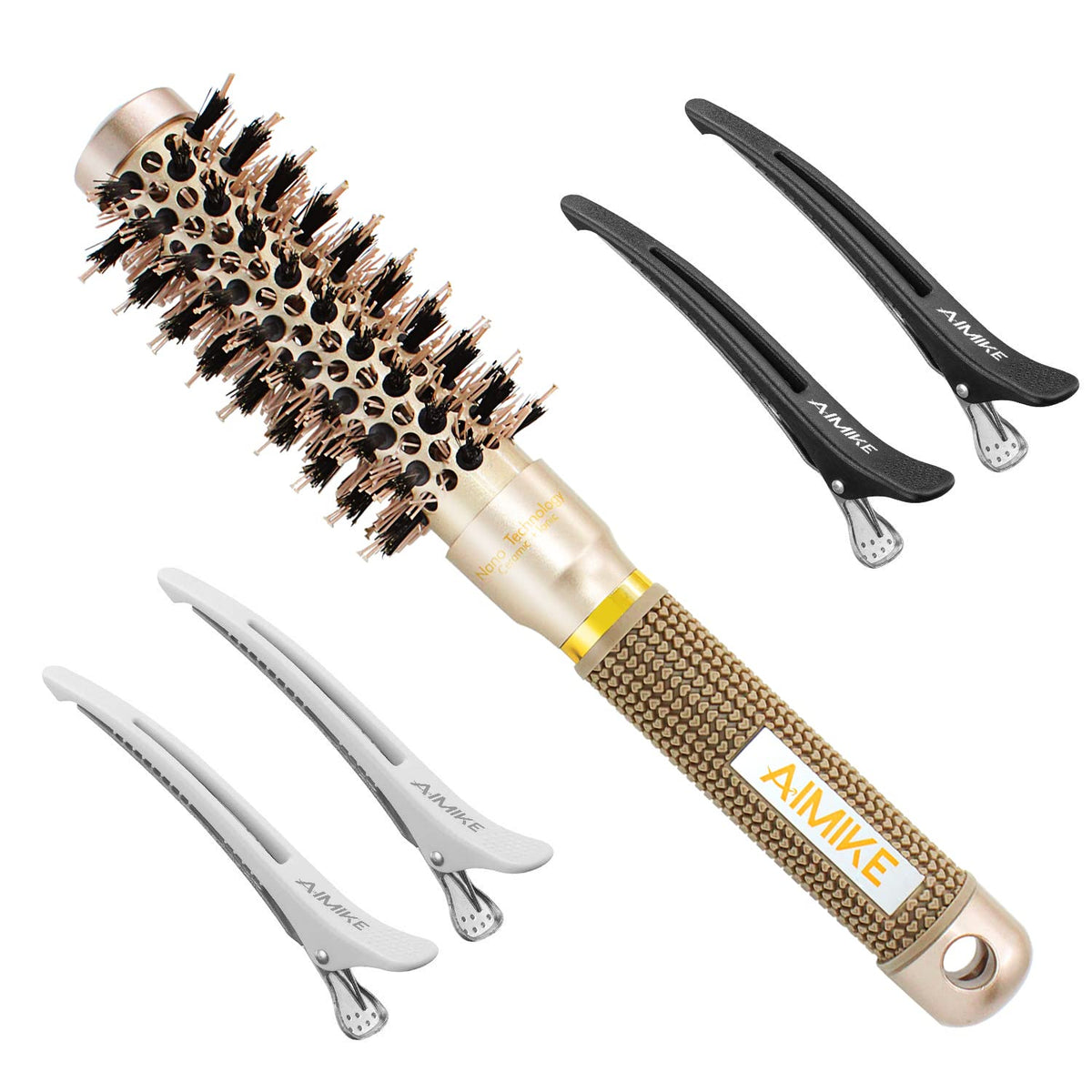 AIMIKE Round Hair Brush, Nano Thermal Ceramic & Ionic Tech Hair Brush, Small Round Brushes w/Boar Bristles for Blow Drying, Enhance Texture for Hair Drying, Styling, Curling and Shine (Barrel 1 inch)
