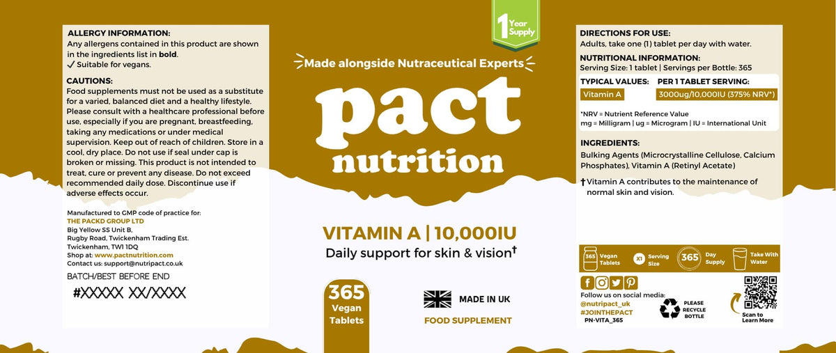 Pact Nutrition Vitamin A 10,000 IU – 365 Easy to Swallow Tablets (1 Year Supply) - High Strength Vitamin A Supplement for Normal Skin, Vision, Eyes & Immune System – Vegan