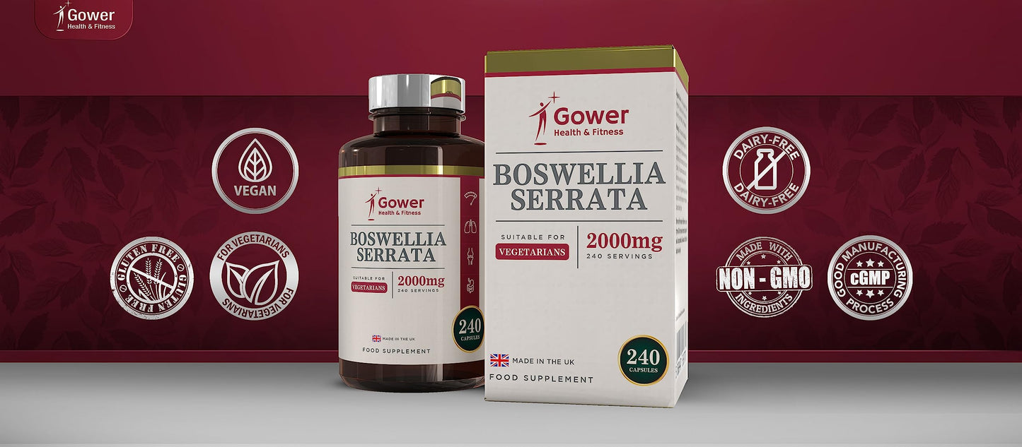 Gower Health & Fitness GH Boswellia Serrata 2000mg High Strength Capsules | 5:1 Boswellia Extract | 240 Vegan Capsules | Boswelia Frankincense Supplement | Non-GMO & Gluten Free | Made in The UK