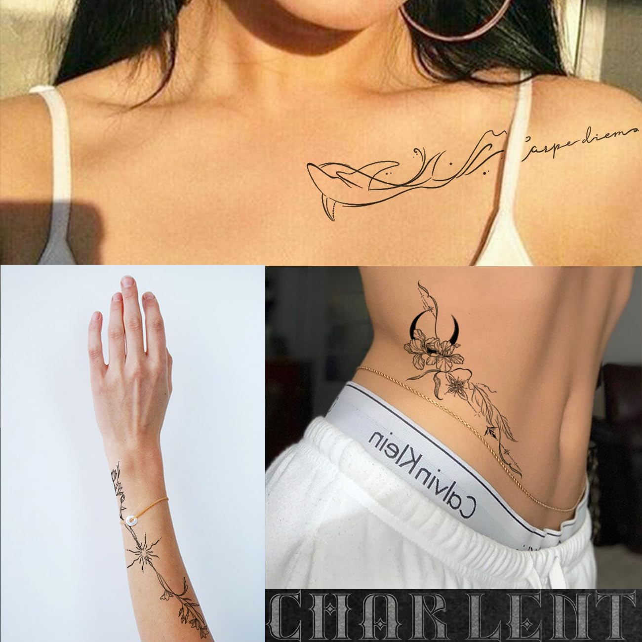 CHARLENT Temporary Tattoos for Women Girls - 45 Pcs Line Flower Words Sketch Realistic Long Last Fake Tattoo Waterproof Minimal Line Art Tattoo for Arm Backbone Leg Body