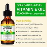 Pure Vitamin E Oil for Skin & Hair – 100% Natural, 75,000 IU, 2 Fl Oz | Deeply Moisturizes, Repairs & Protects | Non-Greasy Cold-Pressed Formula | Nourishes Face, Body, Scars, Cuticles + Hair Health