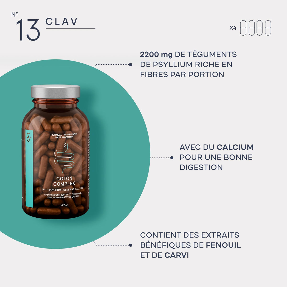 CLAV Psyllium Husks Capsules - 2200mg Soluble Fibre Supplement per Serving - Colon Complex with Fennel, Caraway Extract & Calcium - 120 Vegan Capsules - Made in Germany