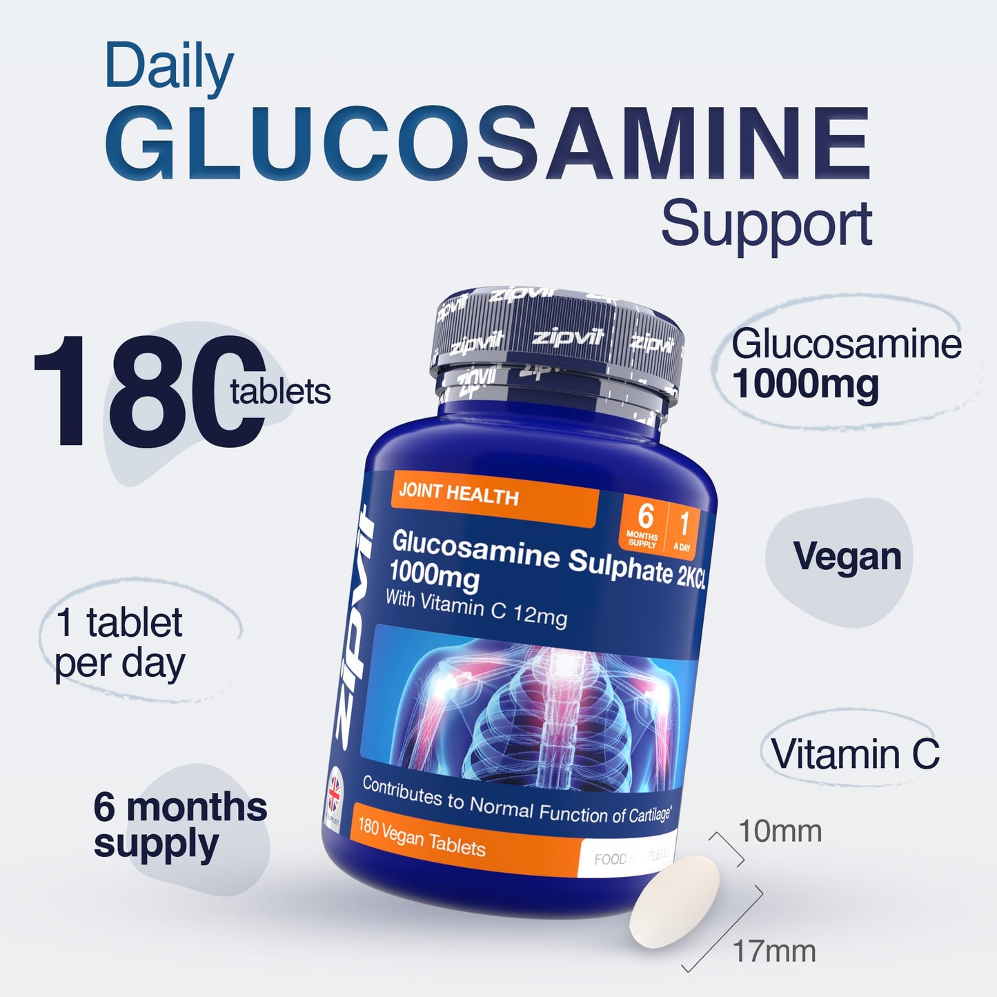 Zipvit Glucosamine Sulphate 2KCl 1000mg with Vitamin C, 180 Vegan Tablets, Supports Bones, Cartilage & Collagen, Reduces Tiredness & Fatigue, Joint Health Supplement, 6 Month Supply