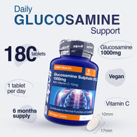 Zipvit Glucosamine Sulphate 2KCl 1000mg with Vitamin C, 180 Vegan Tablets, Supports Bones, Cartilage & Collagen, Reduces Tiredness & Fatigue, Joint Health Supplement, 6 Month Supply