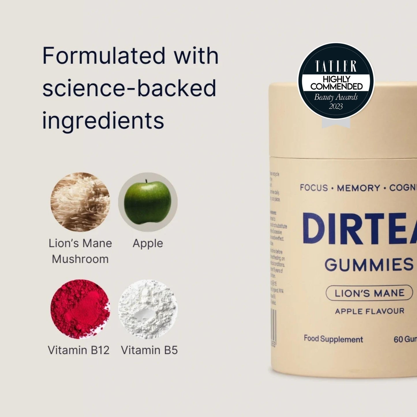 DIRTEA Lion's Mane Mushroom Gummies (60 Gummies) - 2,400mg per Serving - Vegan, Natural & Sugar Free with Vitamin B12 & B5 - Apple Flavour