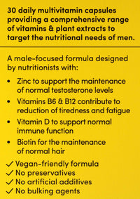 Vitl Male Multivitamin & Minerals Supplement - 30 Vegan Capsules - 20 Essential Nutrients Including B Vitamins, Zinc, Vitamin D & Plant Extracts - Support Overall Male Wellbeing - 1 Month Supply