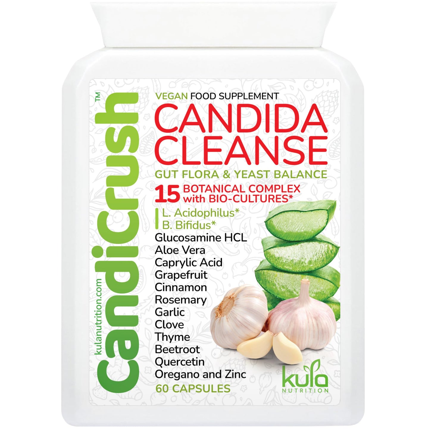 Kula Nutrition CandiCrush - Candida Cleanse Complex - Herbal Thrush Tablets - Natural Candida Treatment for Women and Men with Probiotic Live Friendly Bacteria for Yeast Infection - 60 Vegan Capsules