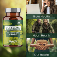 Lions Mane 2000mg with Black Pepper, 90 Capsules - 3 Months Supply of High Strength Lions Mane from Beauty & Co Brand, Vegan, Made in The UK.