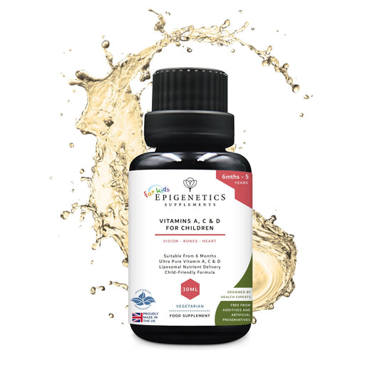 Epigenetics Kids Vitamins A, C & D for Children & Baby | Bones, Vision & Heart | Sugar Free Liposomal Liquid Multivitamin Supplement | 2 Month Supply | 30ml Bottle with Spoon. Vegetarian & UK Made