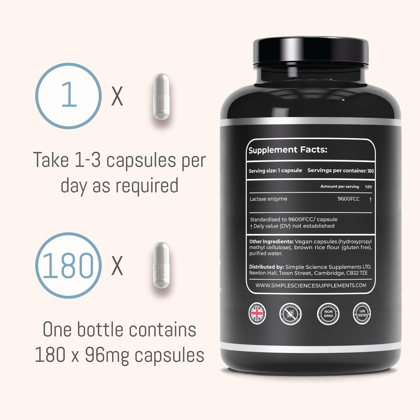 Simple Science Lactase Enzyme (High Strength) | 9600FCC in One Capsule | 180 Capsules = 180 True Servings | Lactose Intolerance Relief & Digestion Support | Lab Tested | 100% Natural and Non-GMO