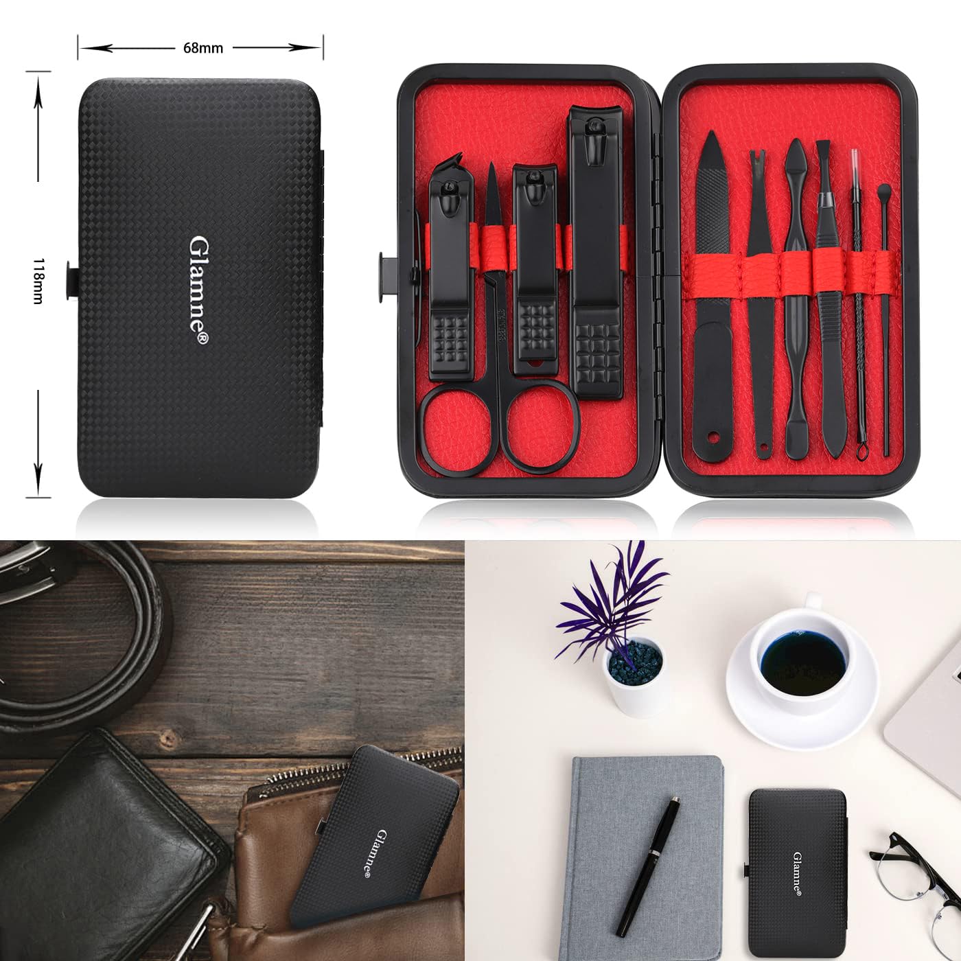 GLAMNE Glamne Manicure Set Nail Clippers Kit Professional Stainless Steel Nail Care Tools with Leather Travel Case 10 in 1 Black