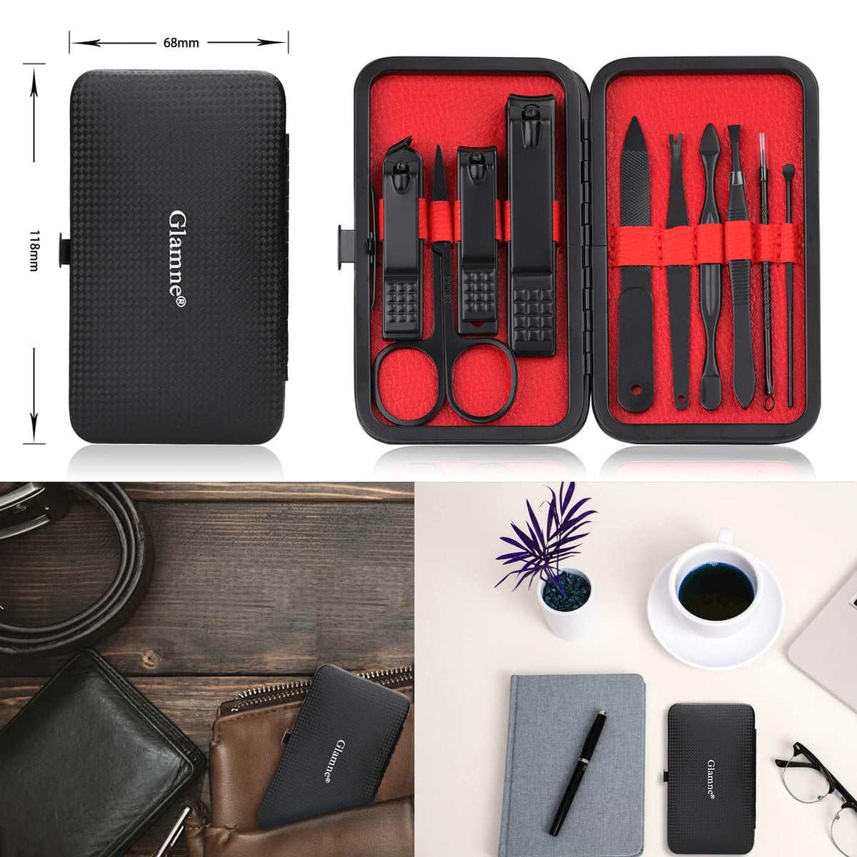 GLAMNE Glamne Manicure Set Nail Clippers Kit Professional Stainless Steel Nail Care Tools with Leather Travel Case 10 in 1 Black