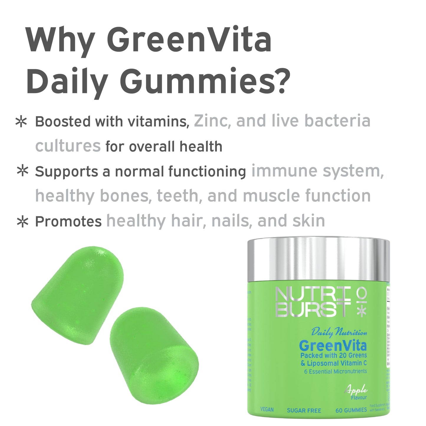 Nutriburst GreenVita - Super Greens Blend Gummies - Fruit + Veg + 100% Fruiting Bodies Mushrooms + 200 million Live Bacteria Cultures - Boosted with Vitamins - 1 Month Supply - Suitable for Vegans
