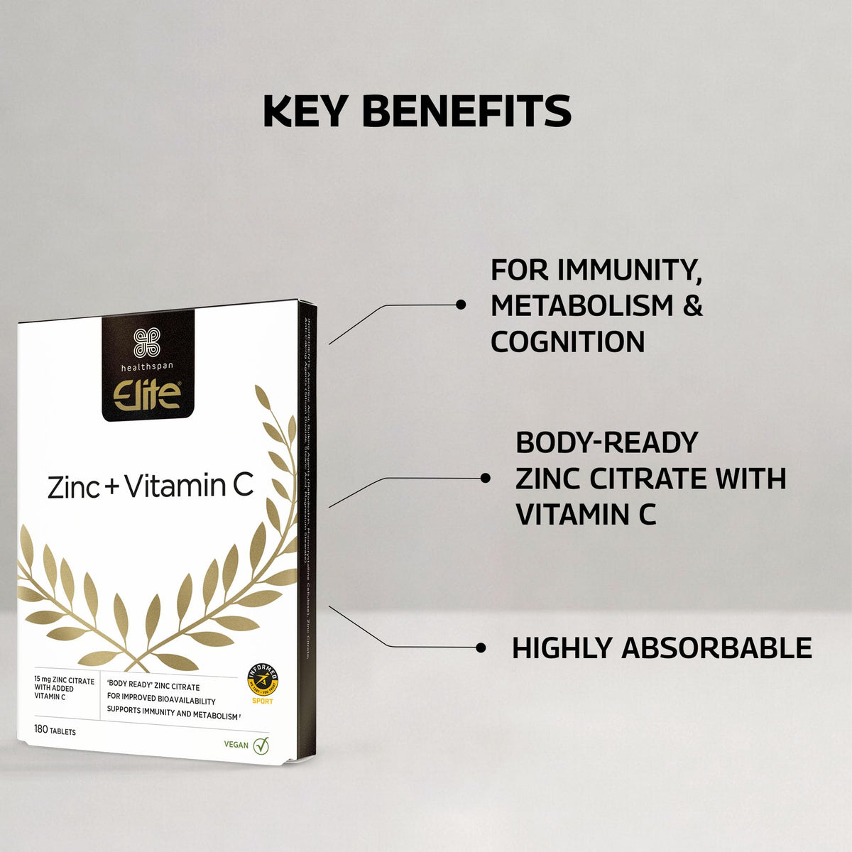 Healthspan Elite Zinc & Vitamin C (6 months’ supply) | 15mg Zinc & 80mg Vitamin C to support your immune health | All Blacks Official Partner | Easy swallow tablets | Informed Sport Accredited | Vegan