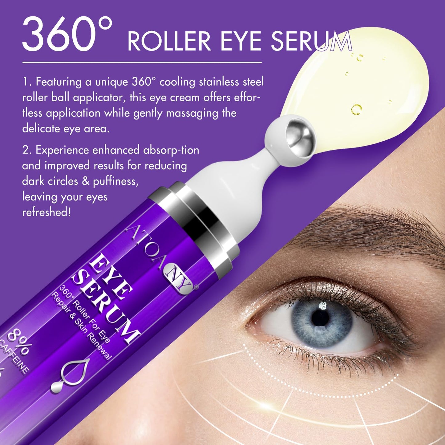 CiAIplw Eye Serum with 8% Caffeine 8% Retinol Hyaluronic Acid Niacinamide Peptides for Puffy Eye Bags Dark Circles Wrinkles and Fine Lines, Anti Aging, Under Eye Cream with 360° Eye Roller Massage Ball, 15ml