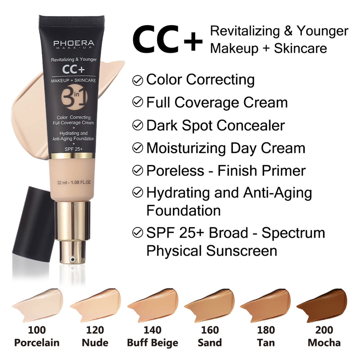 Hilareco PHOERA CC Cream Foundation With SPF,PHOERA Full Coverage Foundation Color Correcting Cream,Anti Aging Hydrating Serum & SPF 25+ Sunscreen Natural Finish1.08 floz (120+140/Nude+Buff Beige)