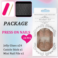 Ceboic Almond False Nails Medium, 24Pcs French White Tip Press on Nails Nude Pink Fake Nails with 3D Gold Stripe Design, Natural Glue on Nails Full Cover Acrylic Oval Stick on Nails for Women Girls