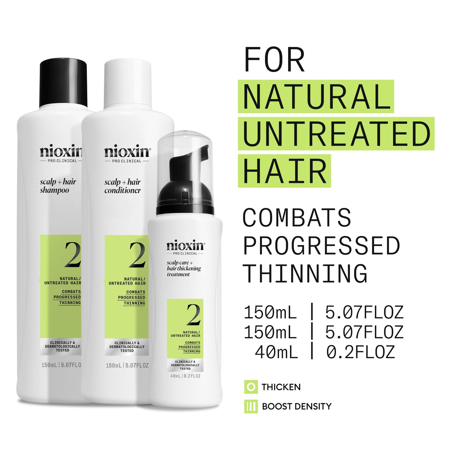 NIOXIN Nioxin Scalp + Hair Thickening System 2 Kit - Hair Thickening System for Natural Hair with Progressed Thinning - Shampoo, Conditioner & Scalp Treatment (150+150+40ml)