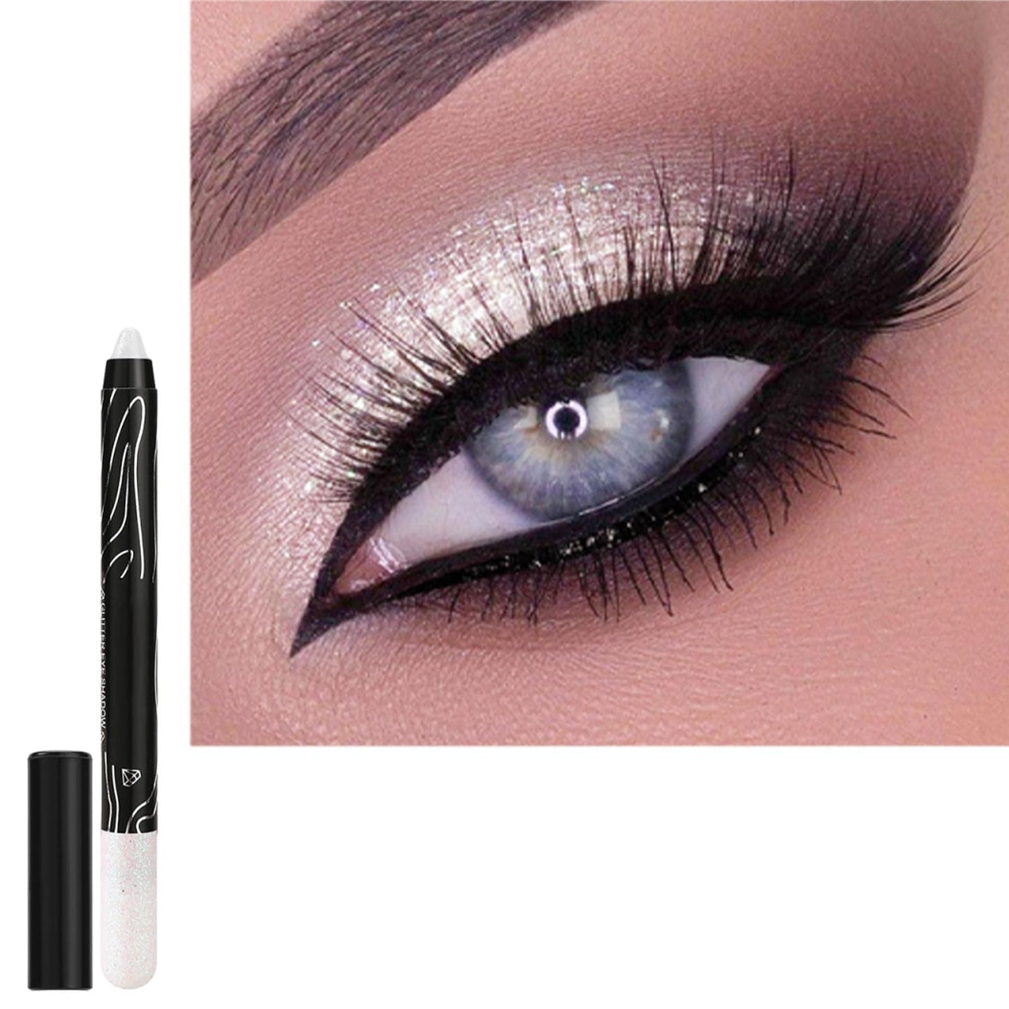 LYNTYAOU White Shimmer Eyeshadow Stick, Pearl White Glitter Eye Shadow Pencil Cream Eyeshadows Pen, Pearlescent Highlight Brightener, High Pigmented Smooth for Eye Makeup