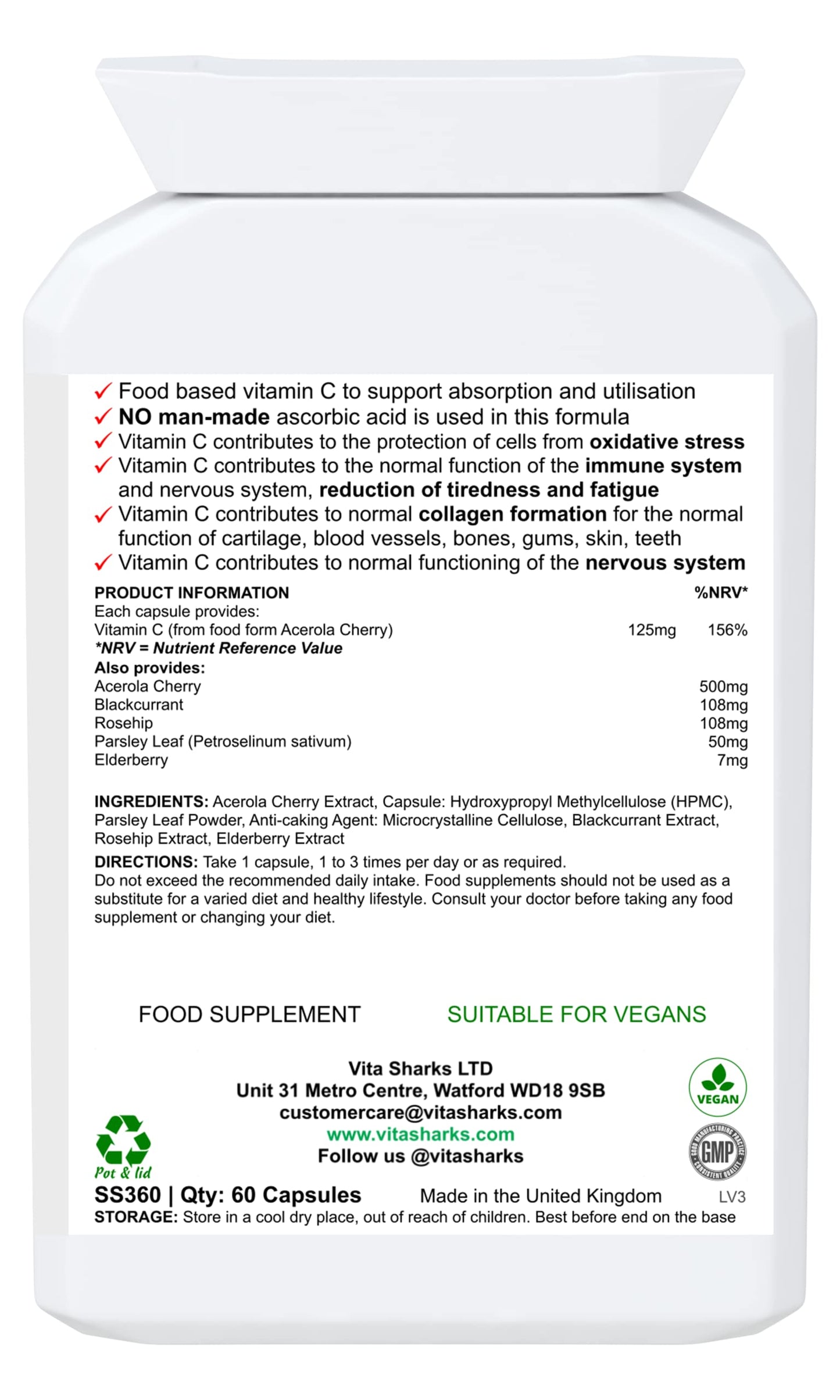 Vita Sharks VitaDefence+ Vitamin C - Bespoke Potent & Comprehensive All-in-One Vegan Anti-Oxidant Formula to Defend, Support & Boost Overall Immunity - Kosher
