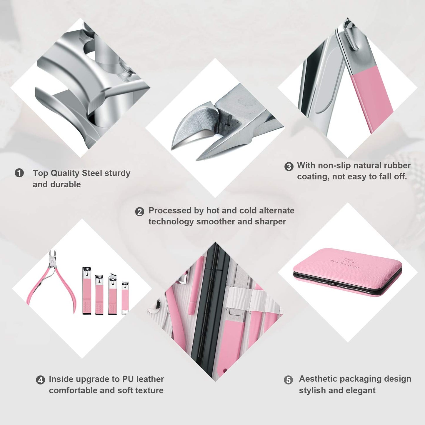 Keiby Citom Manicure Set 18pcs Nail Clipper Kit Professional Grooming Kit, White Pink