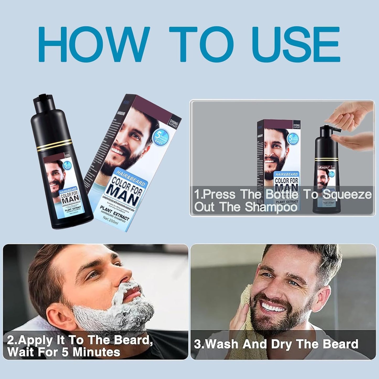 JRTTOSSE Men's beard and moustache hair dye for grey hair to dark brown, men's moustache hair dye, dark brown in 5 minutes, easy to use, dark brown moustache hair dye and hair colour shampoo, 200 ml.