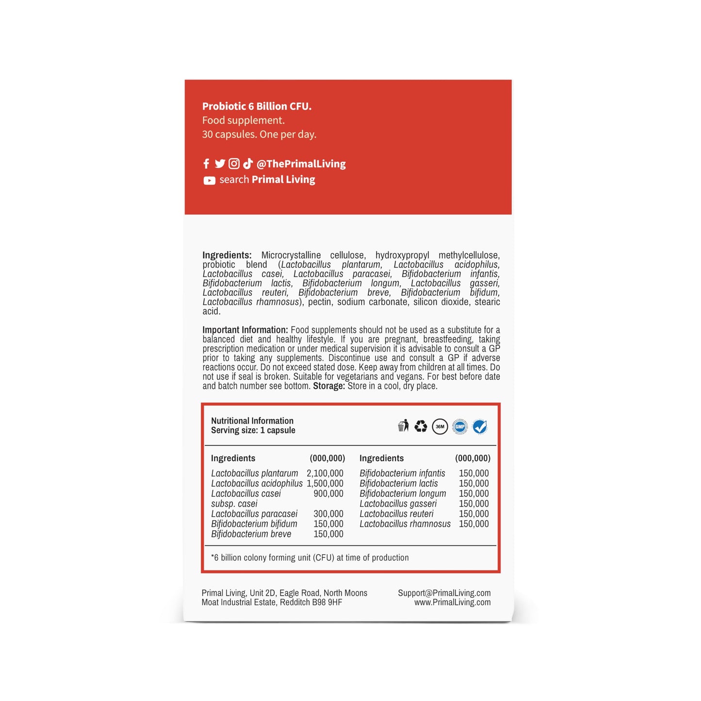 Probiotic 6 Billion CFU, Digestive Support - Primal Living - 30 Vegan Capules Individually Vacuum Sealed in A Pharmaceutical Quality Blister Pack