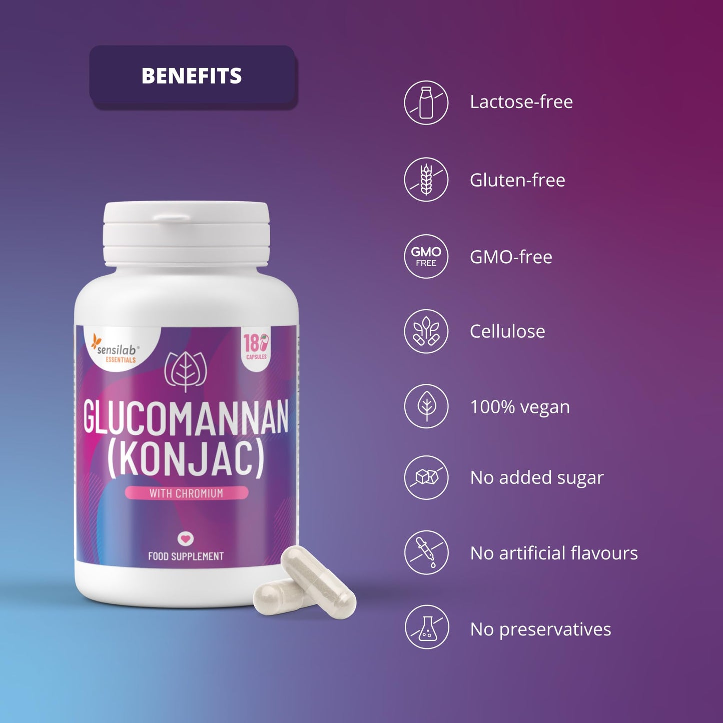 Glucomannan (Konjac) 3000 mg High Dose Capsules with Chromium, Vegan, Additives Free, Allergen Free, Non-GMO, 180 Capsules by Sensilab Essentials