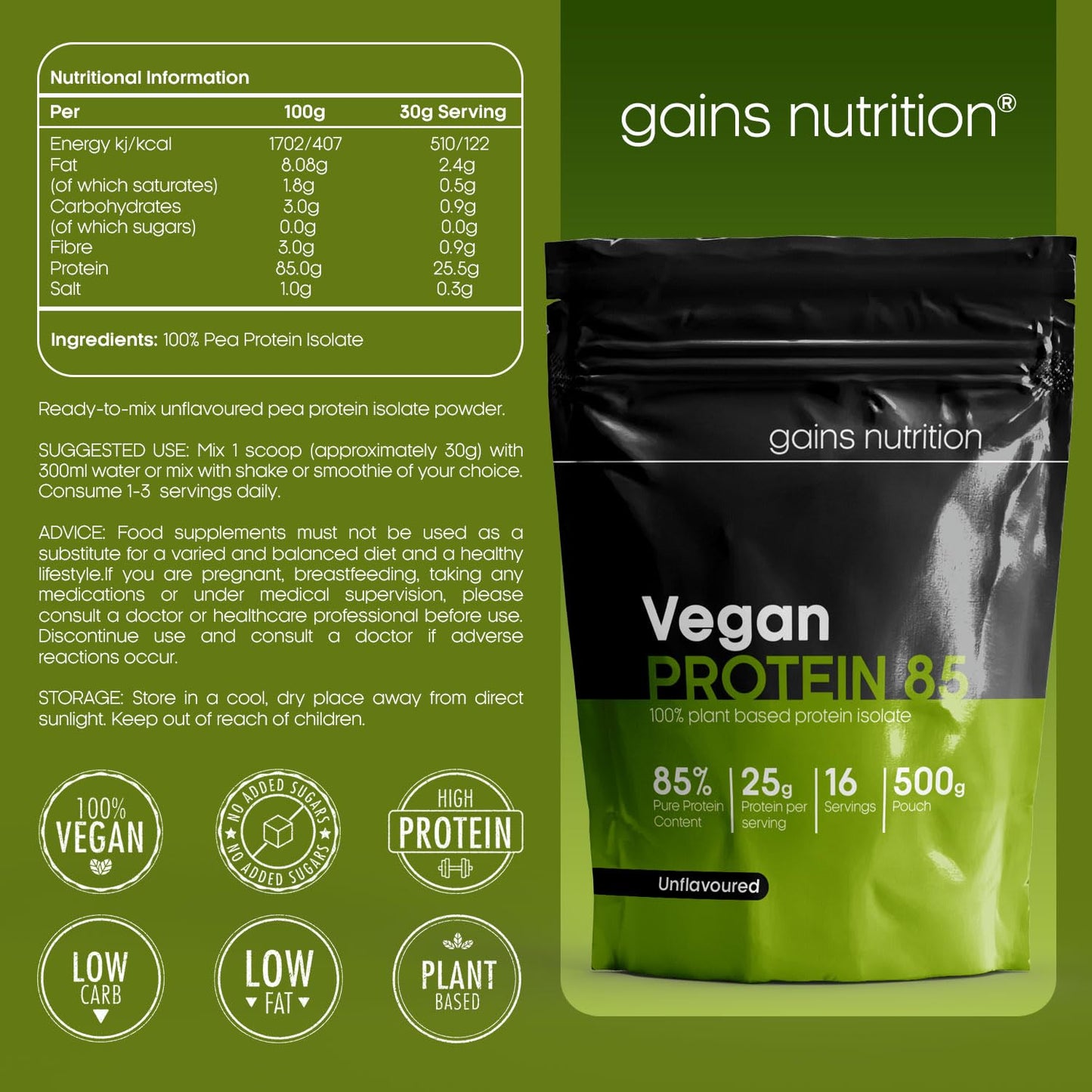 Gains Nutrition GN Vegan Protein 85 Protein Powder | 500g Unflavoured Pea Protein Powder - Plant Based Protein Powder | 25.5g Vegan Protein per Serving | Pea Protein Isolate | Non-GMO, Gluten & Dairy Free