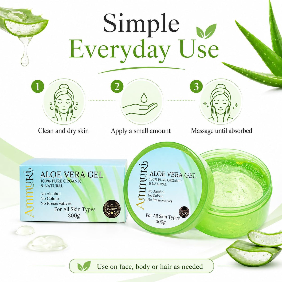Ammuri Organic Aloe Vera Gel 300ml – 100% Pure Natural Cooling Moisturiser for Face, Hair & Body | Hydrating After Sun Lotion for Dry Skin | Non-Sticky Soothing Gel, Vegan & Cruelty-Free