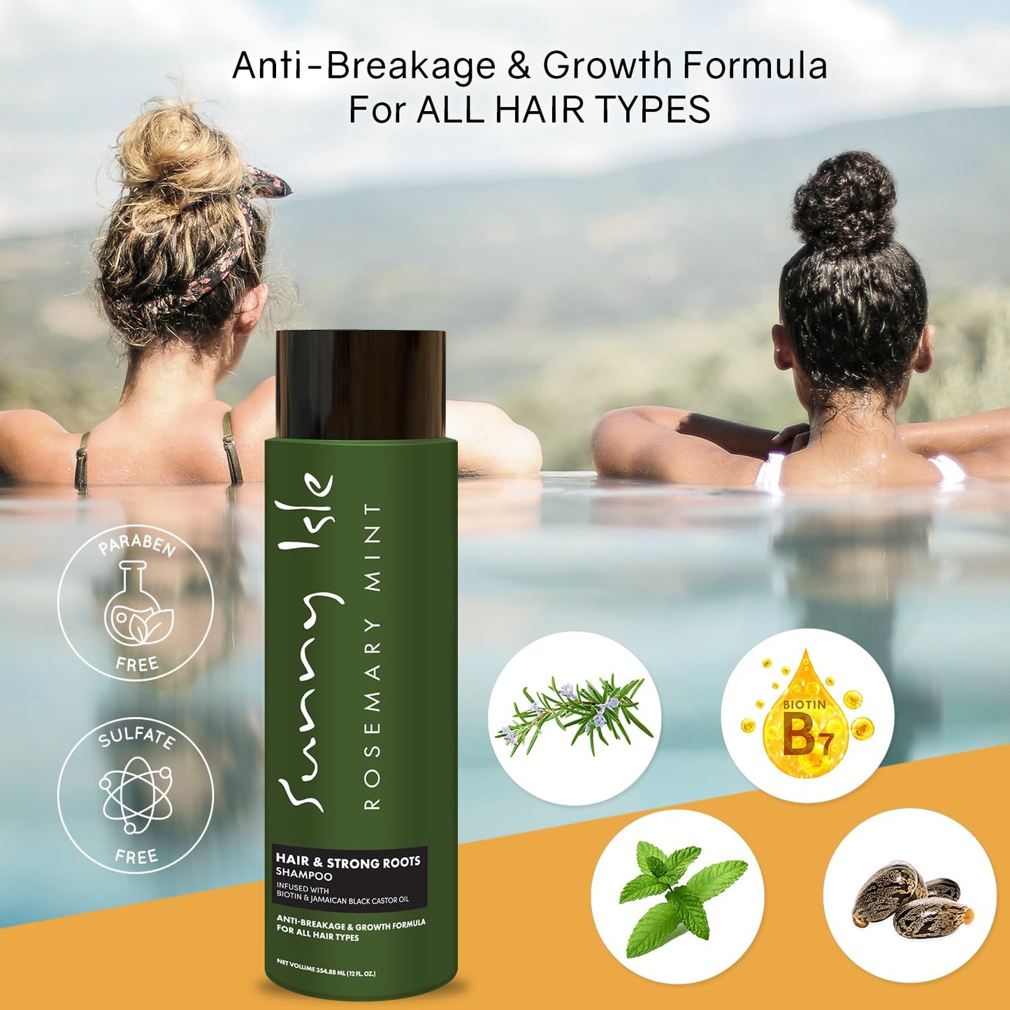 Sunny Isle Rosemary Mint Hair & Strong Roots Shampoo 12oz, Anti-Breakage Formula, Infused with Biotin and Jamaican Black Castor Oil, All Hair Types