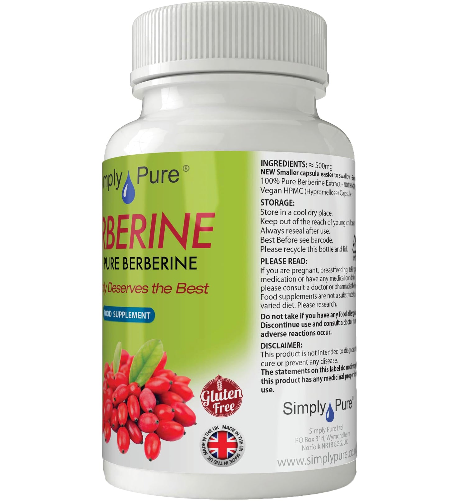 Simply Pure 100% Natural Berberine Capsules x 90, 500mg, Gluten Free, GM Free, Vegan