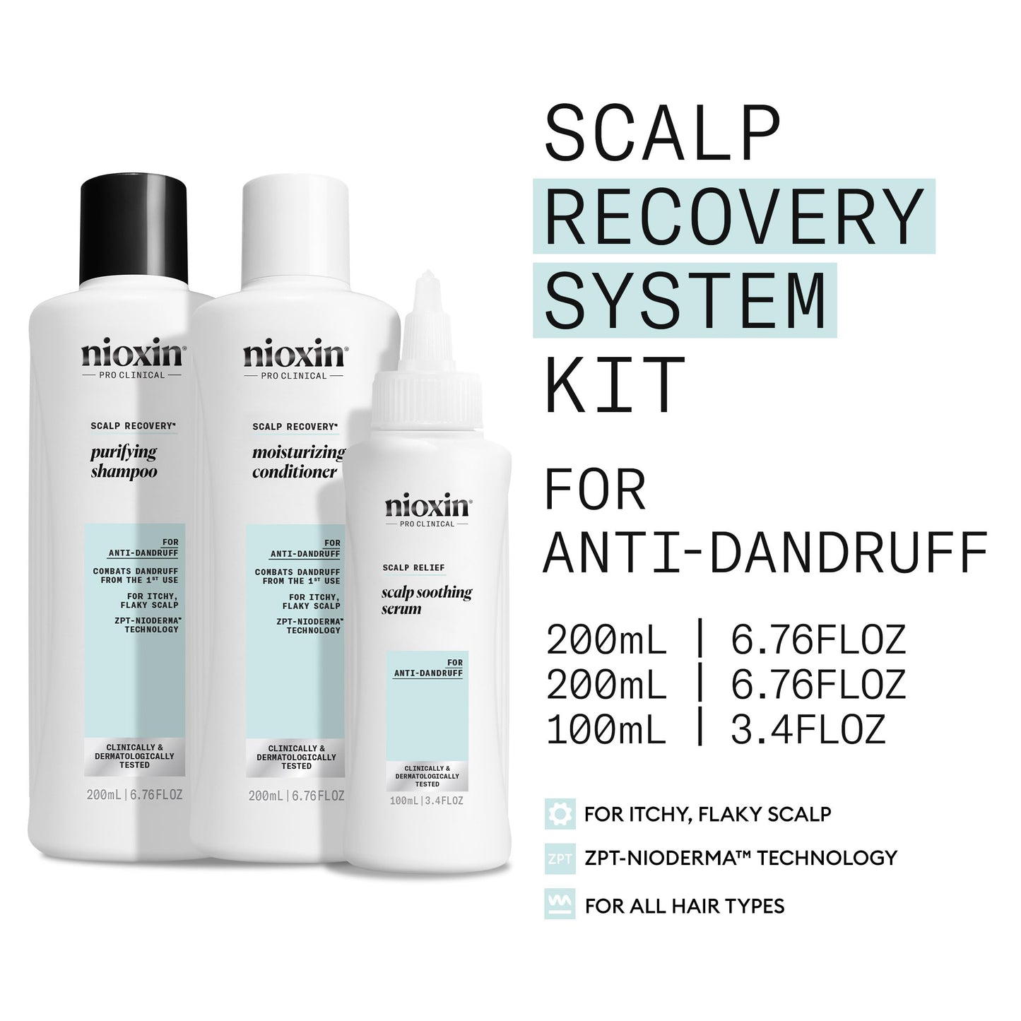 NIOXIN Nioxin Scalp Recovery™ System Kit - Itching and Scalp Dandruff - Anti-Dandruff Shampoo, Conditioner & Serum (200+200+100ml)