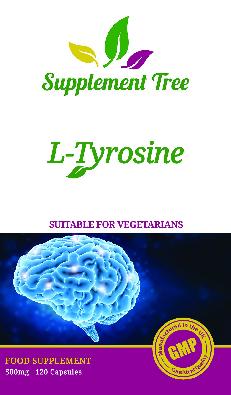 Supplement Tree L-Tyrosine 500mg 120 Capsules | High Strength Supplement | Free Form Amino Acid | UK Manufactured GMP Guaranteed Quality