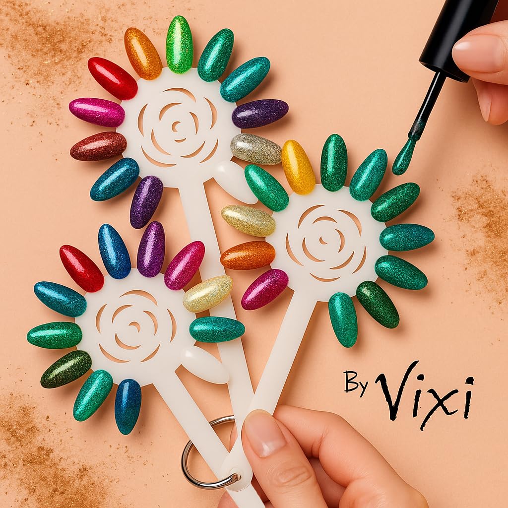 By Vixi Flower Nail Swatch Holder – 120 Fan Tips on Metal Ring | Premium Nail Colour Display for Gel, Acrylic & Polish – Rotating 360° Salon Organizer
