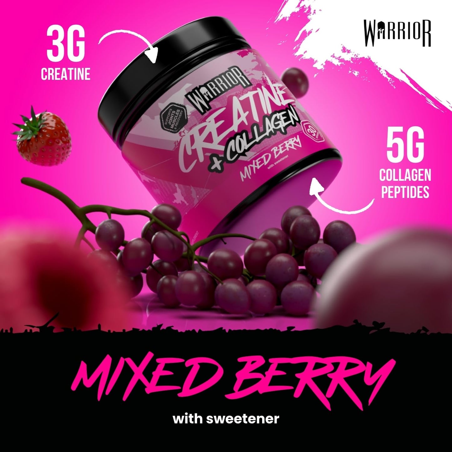 Warrior Creatine Monohydrate Powder + Hydrolysed Collagen Peptides 270g (30 Servings) – Micronised Creatine and Collagen Supplement for Muscle, Hair, Skin, Nails & Joints for Women – Mixed Berry