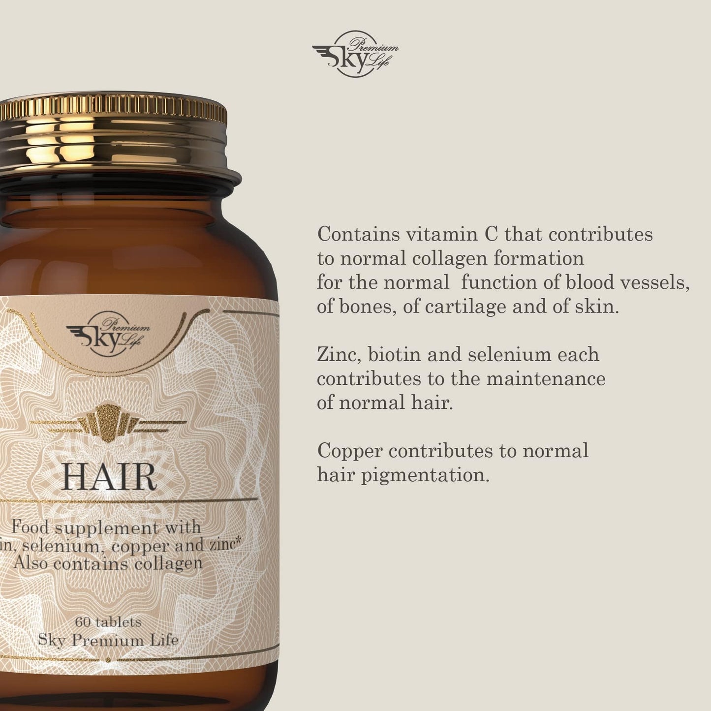 Sky Premium Life Hair Food Supplement – 120 Tablets with Biotin, Selenium, Copper and Zinc. Contains Collagen. (2 x 60 Tablets)