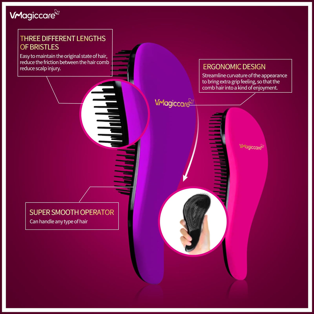 VMAGIC CARE Detangling Hairbrush - glide the Detangler Hairbrush through Tangled hair Best Brush Comb for Women, Girls, Men & Boys - Use in Wet and Dry Hair (Purple Big + Rose Red Small)