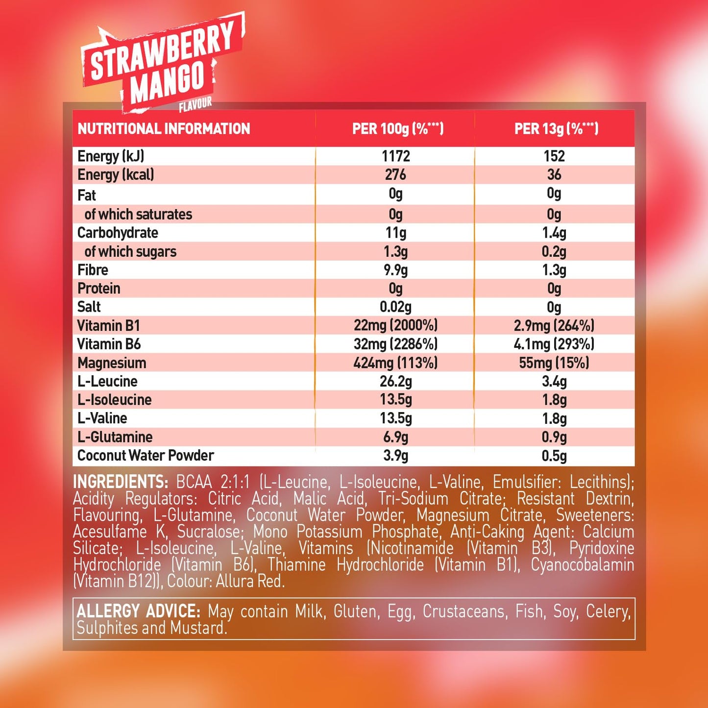 Grenade BCAA Intra Workout Powder, Zero Sugar plus Muscle Function & Electrolyte Balance Support (30 Servings) - Strawberry Mango, 390 g (Pack of 1)